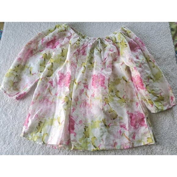 Hester & Orchard Linen Blend XL Watercolor Floral 3/4 Puff Sleeve Peasant Top - Picture 2 of 10